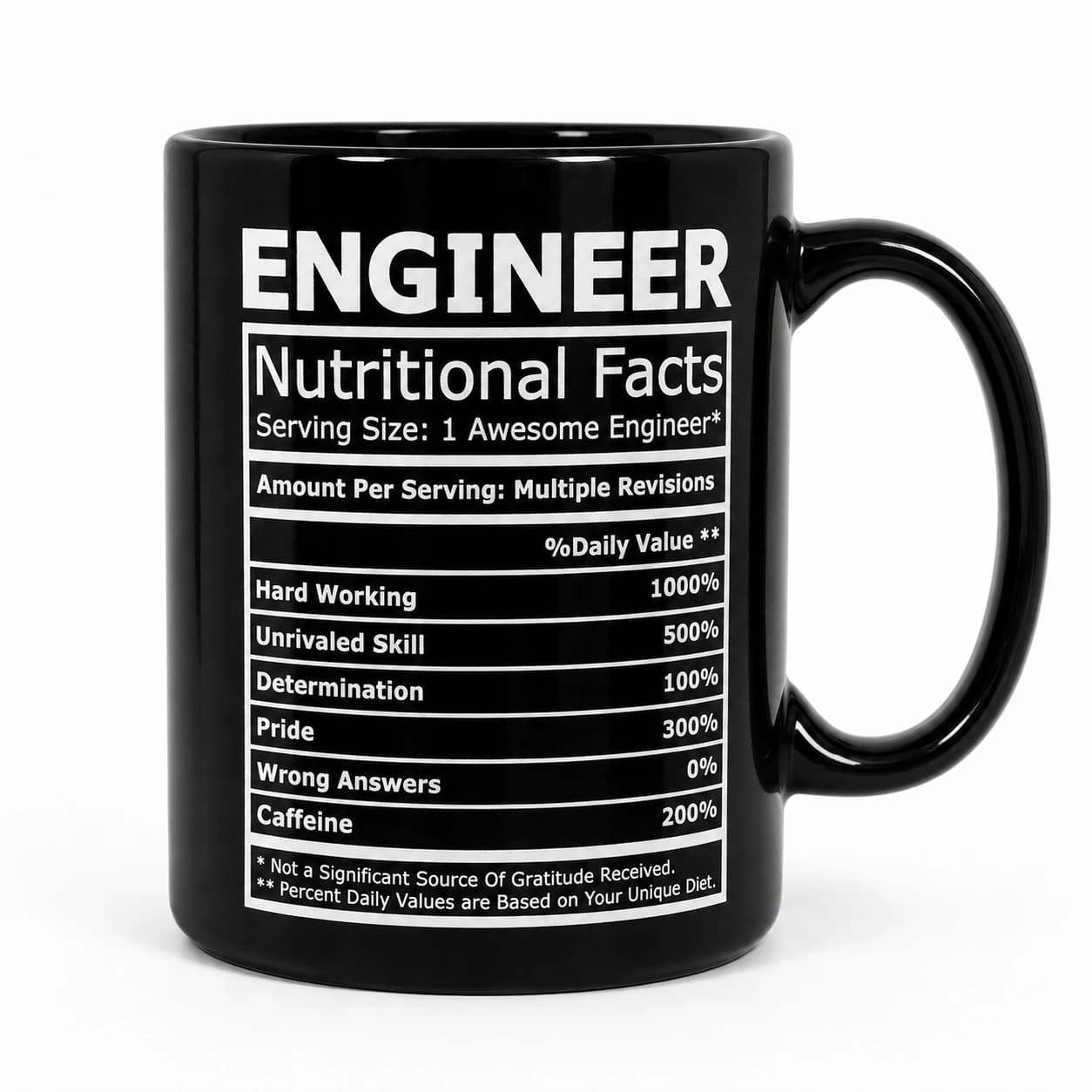 Front studio view of the Engineer — Nutritional Facts Mug, with its original white slogan on glossy black ceramic