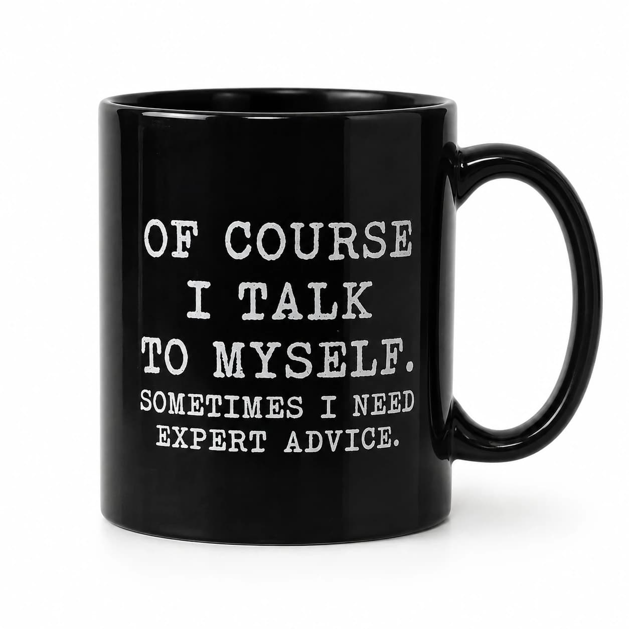 Front studio view of the Expert Advice Mug, with its original white slogan on glossy black ceramic