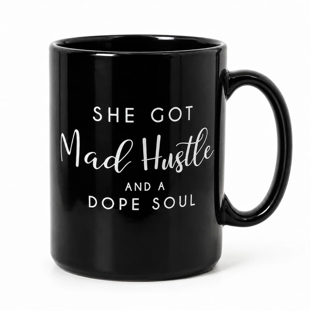 Front studio view of the Mad Hustle & Dope Soul Mug, with its original white slogan on glossy black ceramic