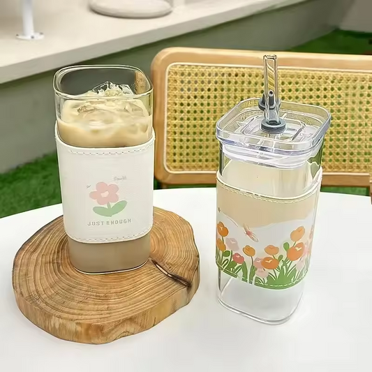 Square Glass Tumbler with Lid & Straw